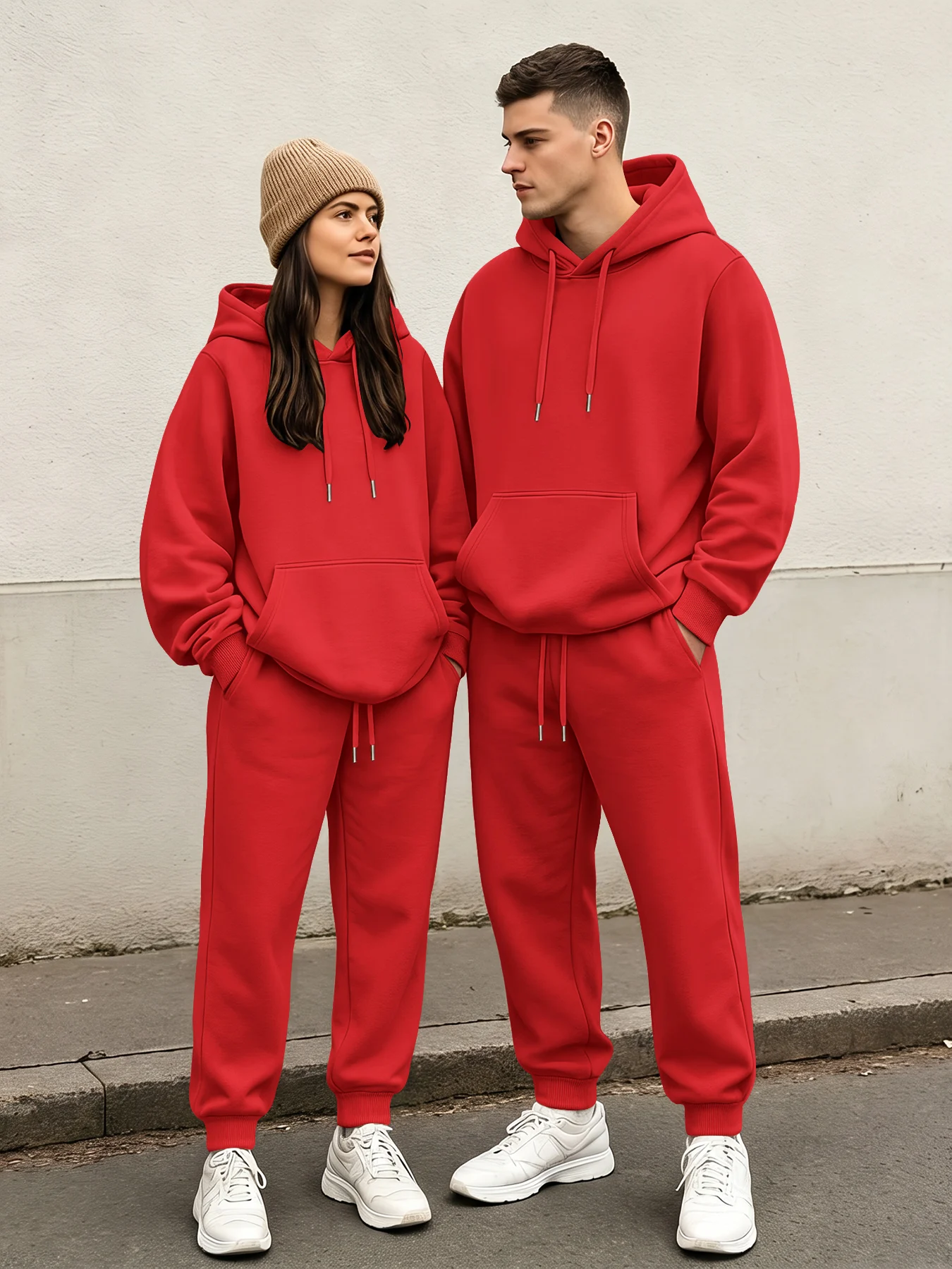 Spring‑Fall Couple Hoodie Set, Unisex Solid‑Color Pullover Two‑Piece Outfit, Loose Casual Sports Sweatpants Suit view 6