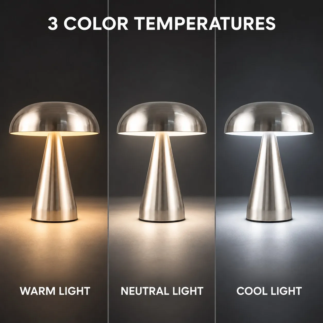 Rechargeable Mushroom Table Lamp, Cordless LED Touch Desk Light, 3 Color Modes, Stepless Dimming, USB-C, Metal