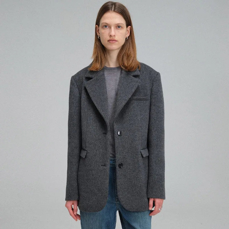 SOCI* 2023 Autumn/Winter New Women\'s Woolen Coat Minimalist Style Grey Solid Color Fashion Casual Woolen Cashmere Coat