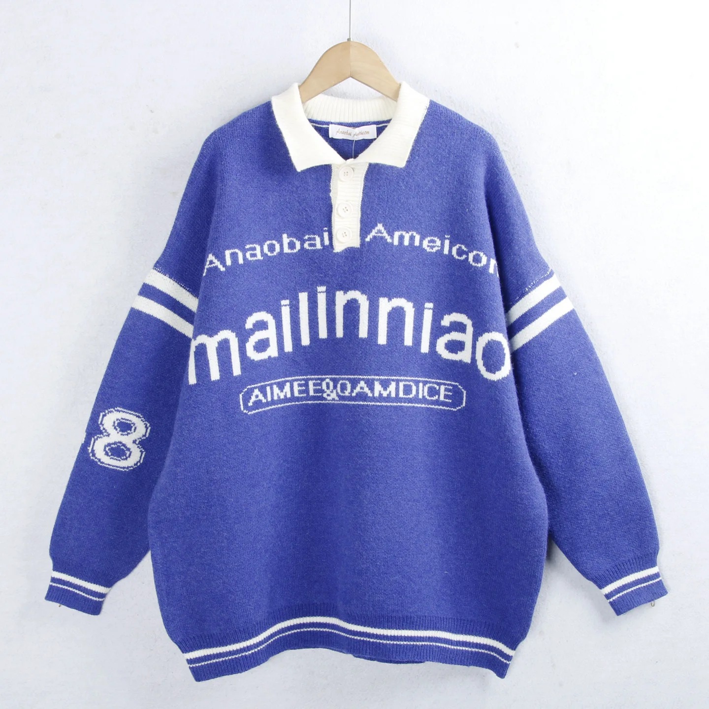 

Теплый вязаный свитер с буквенным узором, зимний воротник, большой размер, универсальный ленивый синий шерстяной трикотаж для женщин, поездок на работу