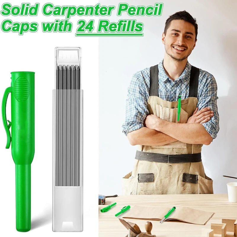 4 Pcs Solid Carpenter Pencil Caps with 24 Refills,Marking Scribe Tools Pencil Protective Cap for Construction,Architect-ABAM