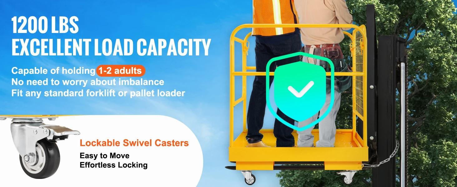 SucceBuy 1200lbs Forklift Safety Cage Folding Security Platform with Lockable Swivel Wheels Holds 1 to 2 Adults for Aerial Work