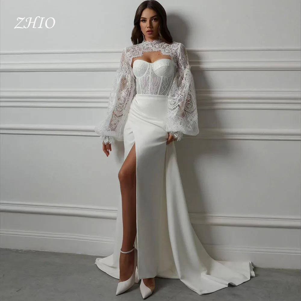 ZHIO فستان زفاف أنيق حورية البحر رقبة عالية دانتيل وأكمام طويلة مطوي جانبي فتحة عالية من الساتان فساتين سهرة فستان زفاف مخصص #1