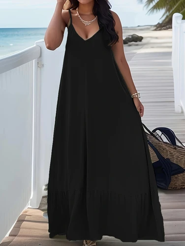 Imagen 1 del producto Vestido con tirantes de color sólido con cuello en V, novedad de verano transfronterizo para mujeres europeas y americanas de talla grande