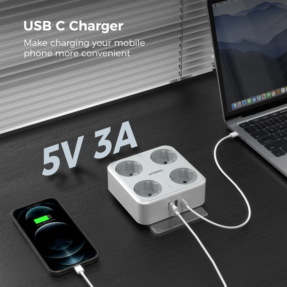 TESSAN EU Mulitple Wall Socket with On/Off Switch 4 AC Outlets 3 USB Charging Ports 5V 2.4A Power Strip Overload Protection