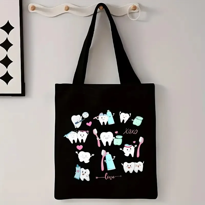 

Холщовая большая сумка с зубной тематикой, сумка через плечо для покупок, повседневная сумка для покупок, игривый дизайн, прочный холщовый материал