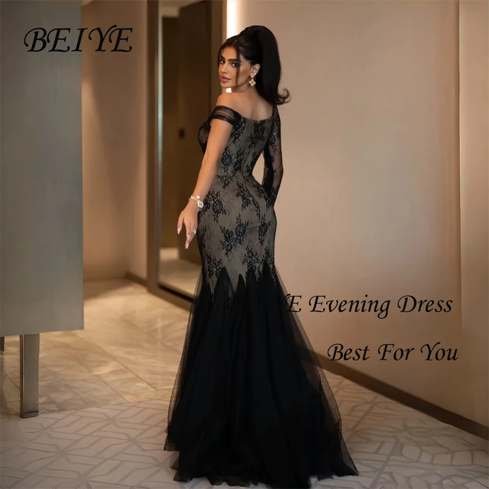 BEIYE luxe dentelle noir sirène robes de soirée hors de l'épaule col bateau plissé robe de soirée personnalisé فساتmaveraات