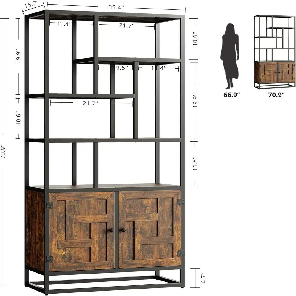 أرفف كتب وخزائن كتب من IRONCK، رف كتب عريض 35.4 بوصة مع أبواب، رف كتب طويل 6 طبقات هندسي مع خزانة تخزين #2