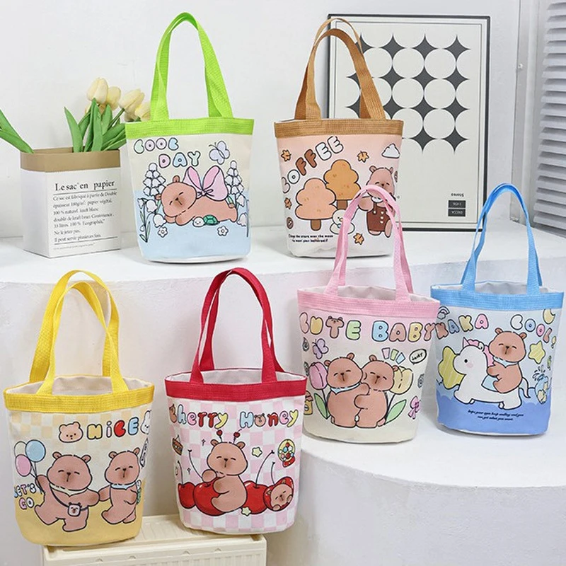 

1Pc Large Capacity Capybara Canvas Bags Cartoon Patterns Lightweight Student Document Bag Shopping Bag Cute Casual Handbag