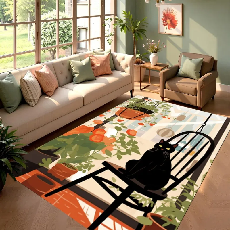Cute Cat Pattern Carpet Ins Style Colorful Cat Plants Print Rug Modern Home Decor Anti-slip Floor Mat for Living Room Bedroom