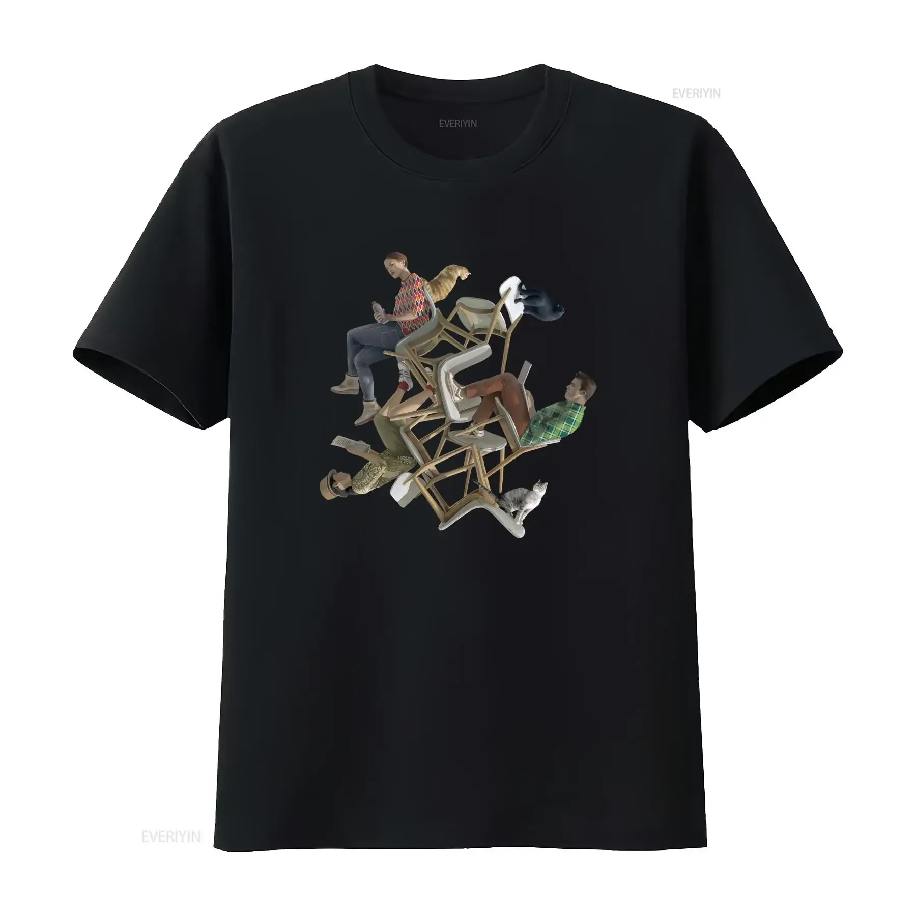 Surrealism Art Stacked Chairs People Cats Illustration Casual Print T Shirt vintage Washed Slightly Comfortable