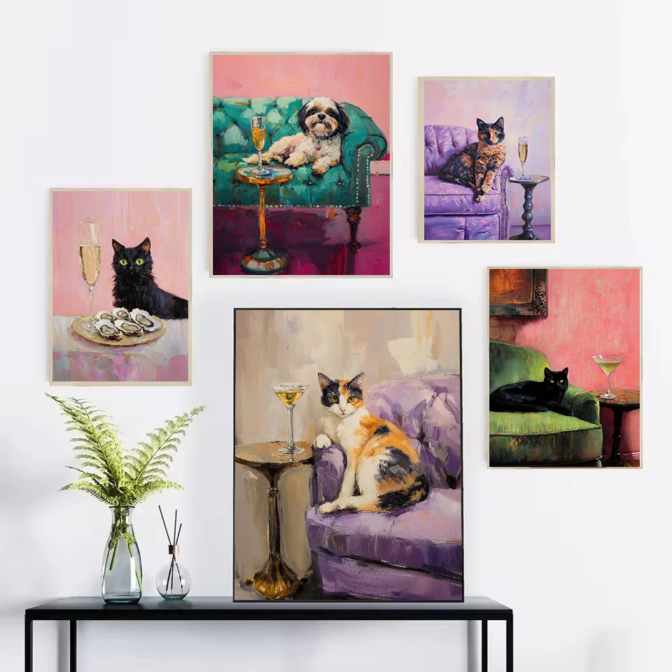 Trendy Cute Quirky Calico Cat with Martini Champagne Cocktail on The Sofa Poster Canvas Painting Wall Art Pictures Home Decor