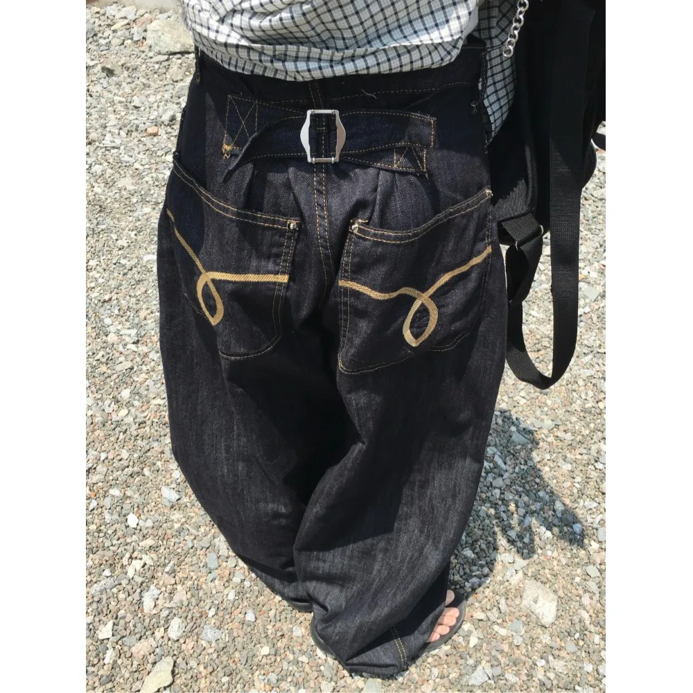 

Свободные широкие джинсы с высокой талией в стиле ретро, джинсы с вышивкой, шикарные женские весенне-осенние темно-синие длинные брюки, удобная посадка