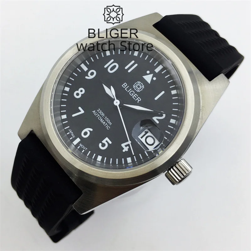 

38mm BLIGER Brushed Case NH35A PT5000 Automatic Watch For Men Sapphire Glass Black White Blue Green Dial Luminous Rubber Strap