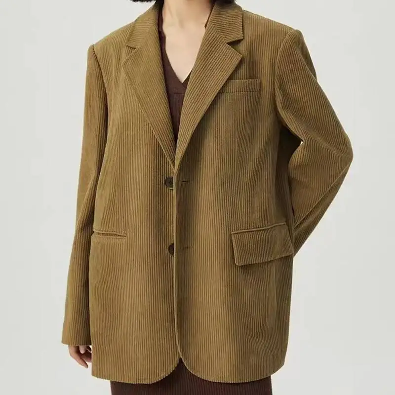 

Retro Corduroy Style Casual Suit Jacket Female Commuter Girl Outerwear Women's Long Sleeves Clothes Solid Color Coat