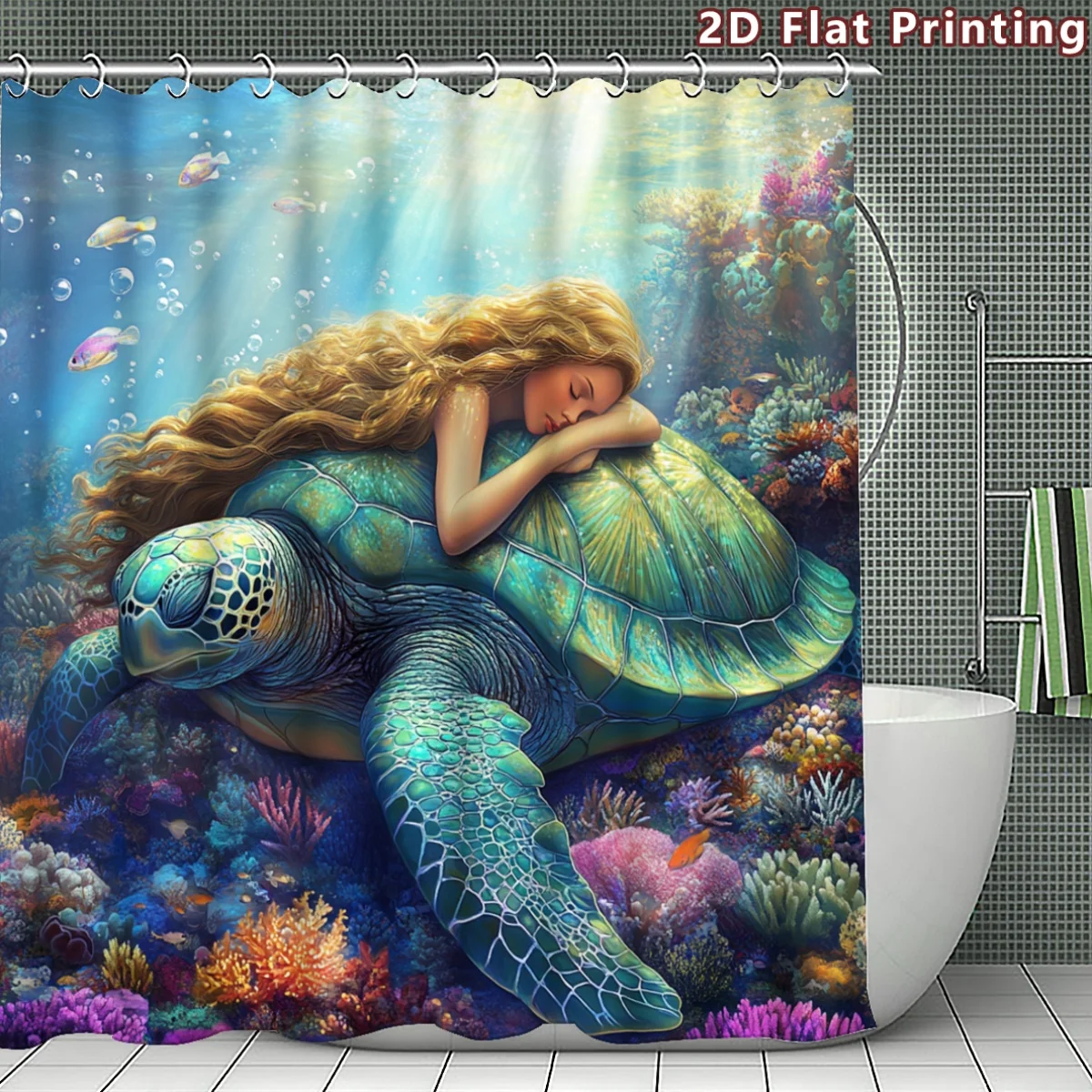 Fantasy Mermaid Girl on Giant Sea Turtle Underwater Tropical Ocean Scene Shower Curtain Waterproof Bathroom Decor