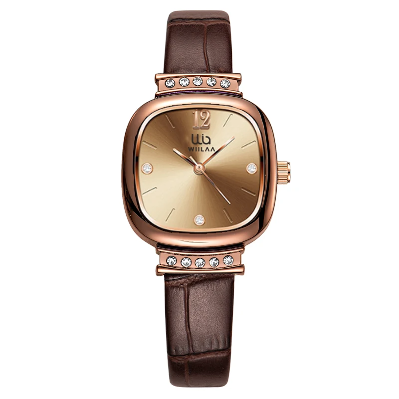 Reloj Cuadrado de Oro Rosa para Mujer, Estilo Vintage con Pedrería, Correa de Cuero Genuino, Resistente al Agua 30M, Uso Diario, Regalo de Lujo para Mujer