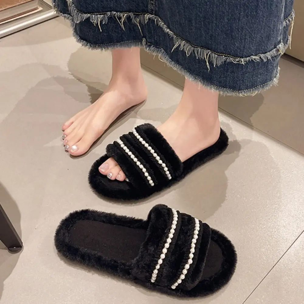 

Casual Thick Sole Pearl Plush Slippers Fluffy Indoor Outdoor Warm Fur Slippers Non-Slip Winter Y2k Leopard Slippers Fall/Winter