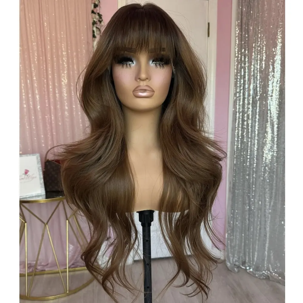 26 inches Light Brown 360 Lace Front Wigs Human Hair Glueless Slightly Curly With Bangs Full Lace Wig Human Hair for Women