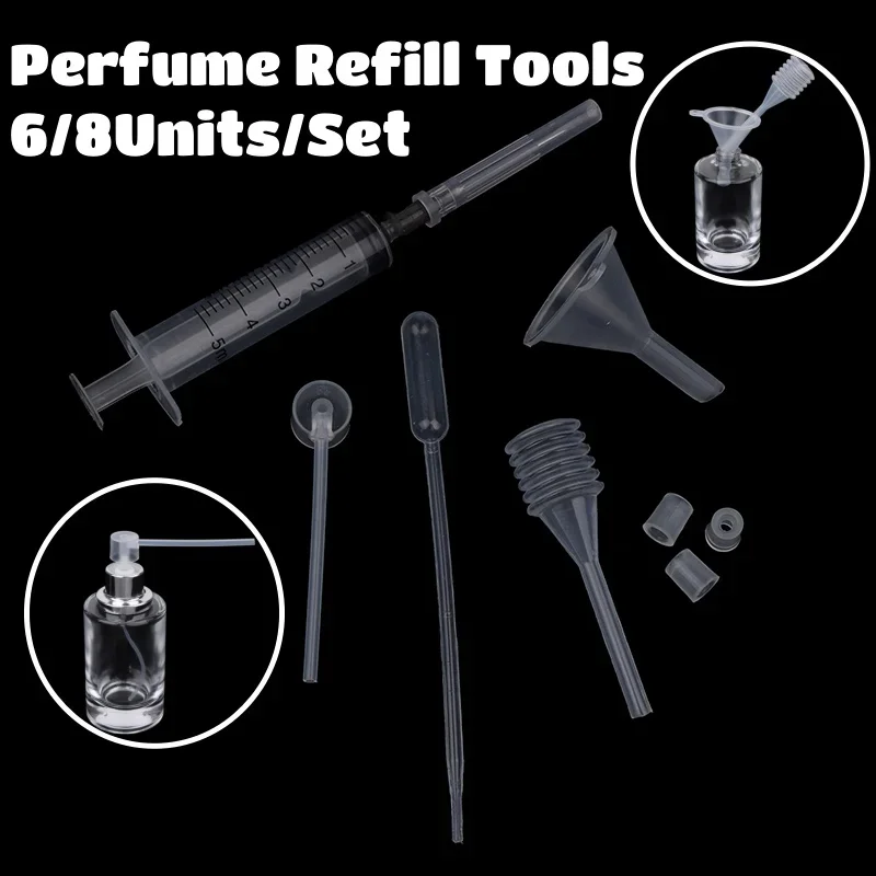 

6/8 шт./компл., набор инструментов для заправки духов, пластиковый диффузор, соломенная капельница, воронка, распылитель, необходимые косметические инструменты