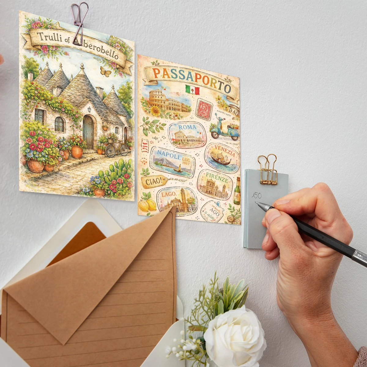 20 Stück Vintage Handillustrierte Postkarten mit Reisethemen, Reisejournal-Deko, Wandkunst-Karten für Zuhause, Geschenke für Reisebegeisterte – Detail 5
