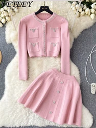 Light Luxury Socialite Age-Reducing Suit Women's Long Sleeve Knitted Cardigan and Short All-Match Short Skirt Two-Piece Set