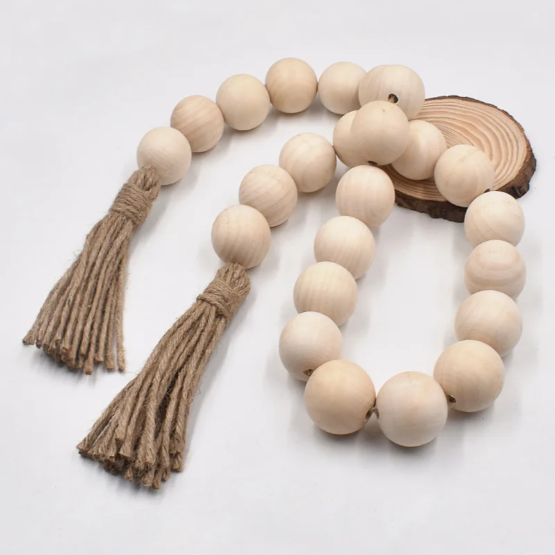 

40mm 125cm Natural Wood Bead Garland With Jute Rustic Wall Hanging Tassels String Handmade Garland Farmhouse DIY Home Decoration