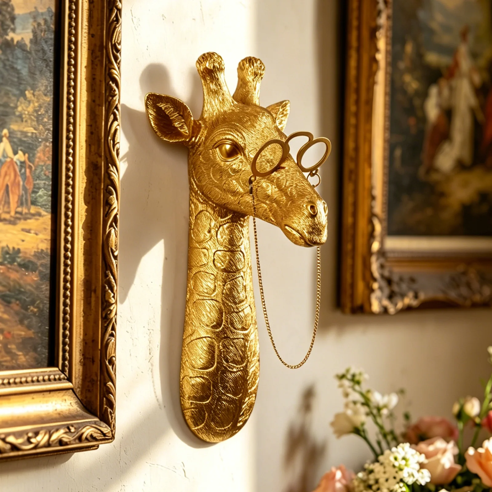 Gold Retro Eyeglasses Giraffe Head Wall Hanging Resin Animal Sculpture, Modern Luxury Home Entryway Wall Decor Art Craft Gift