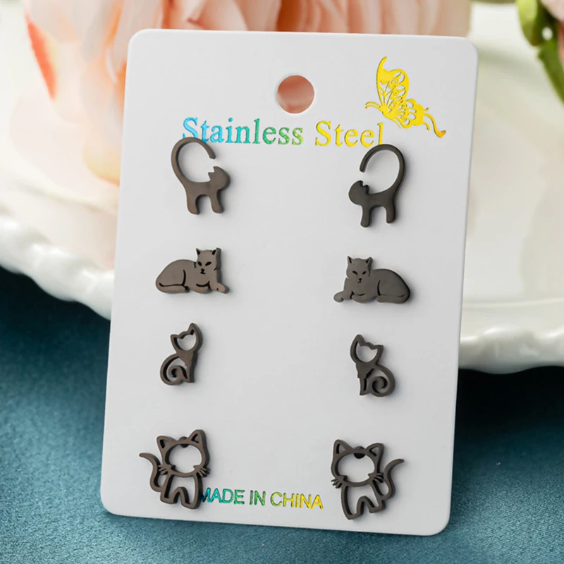 4Pairs/Lot Lovely Stainless Steel Cat Earrings for Women Cartoon Animal Kitty Jewelry Kitten Ear Studs Party Anniversary Gifts