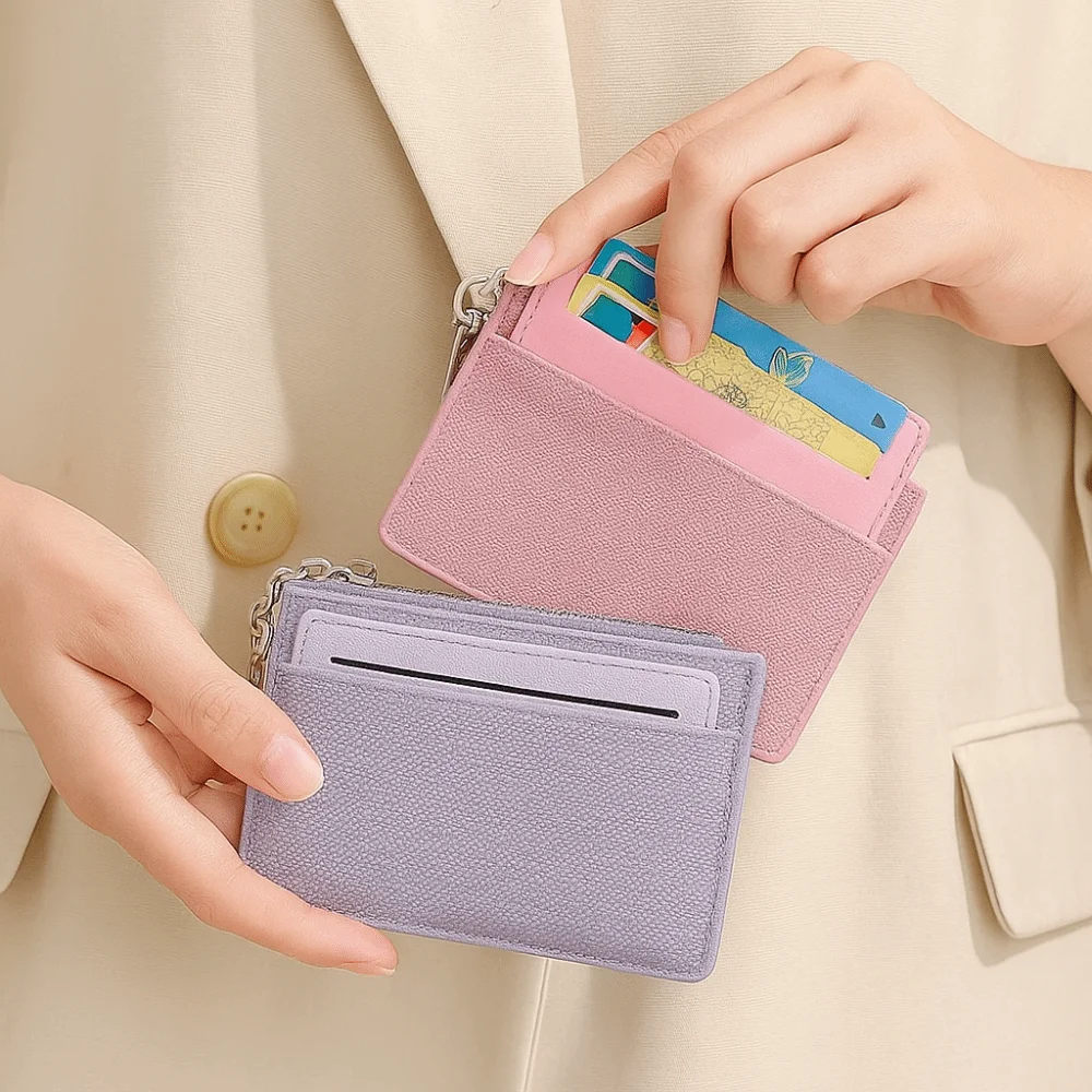 

Portable with Keychain Women's Short Wallet Thin Pu Leather PU Card Holder Elegant Zipper Closure ID Credit Card Wallet Travel