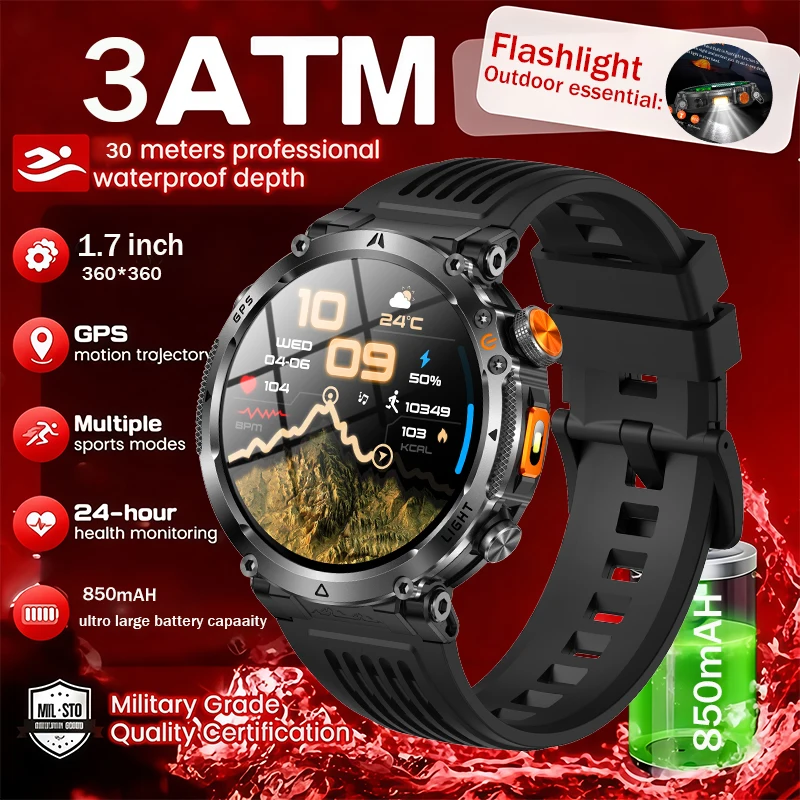 

Новые смарт-часы 2026 года для мужчин: водонепроницаемость 3ATM, GPS, фонарик, SOS, Bluetooth-звонки, встроенный аккумулятор 860 мАч, для активного отдыха