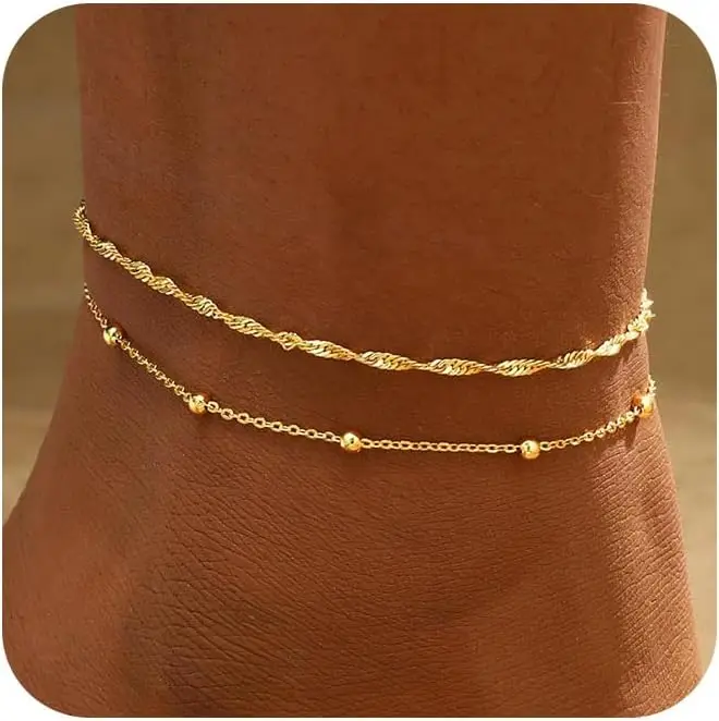 2 PCS 4K Gold Plated Anklets for Women Waterproof Twists Link Anklet Beaded Bracelets Stackable Bracelets Summer Jewelry Gifts