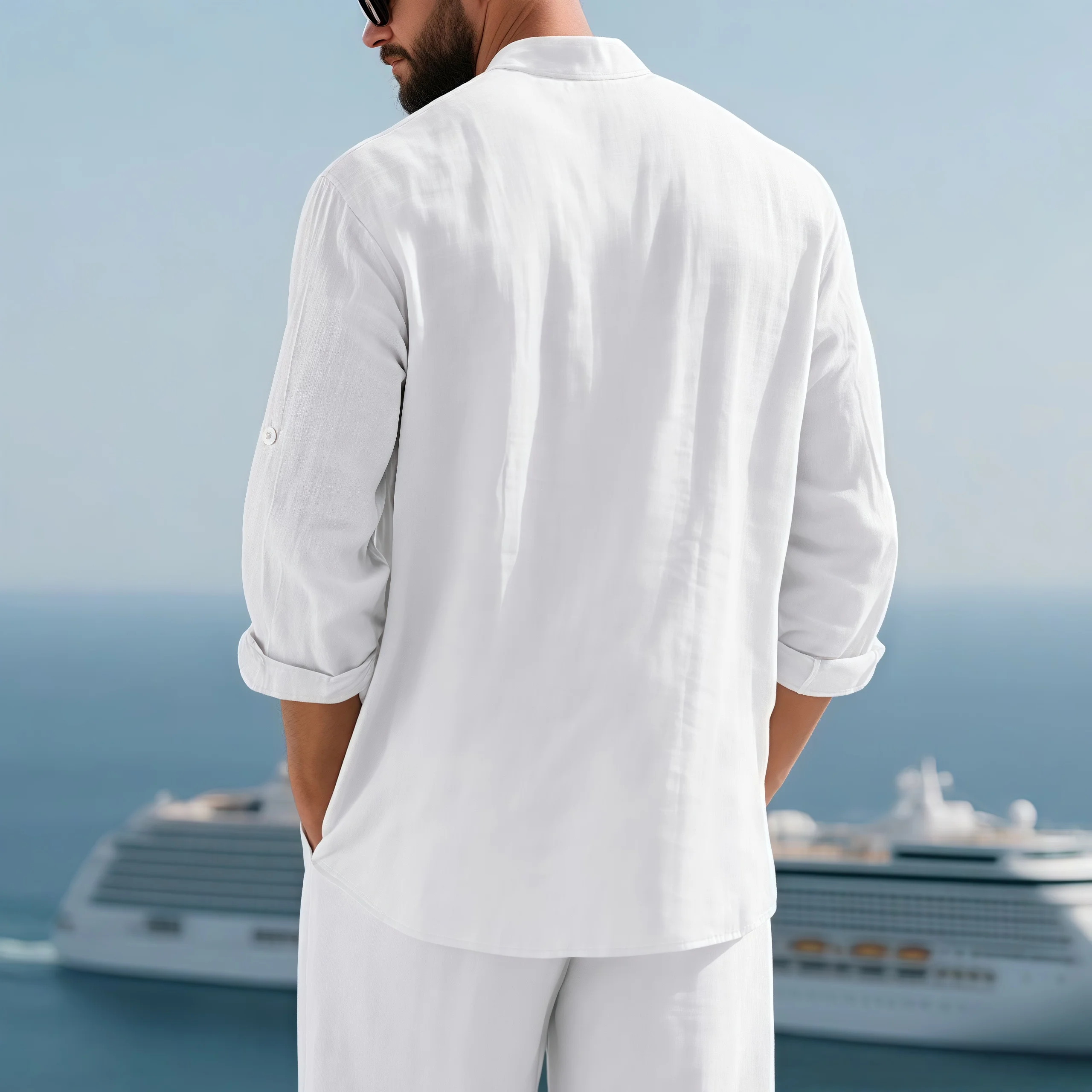 Men White Linen Button Down Long Sleeve Shirt Mandarin Collar Chest Pocket Roll Tab Cuff Loose Oversized Breathable Textured Beach Vacation Casual Holiday Top