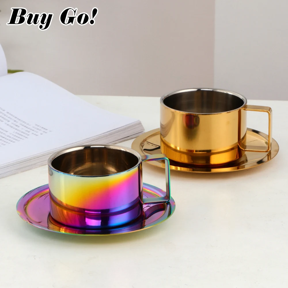 Creative Stainless Steel Coffee Mug Cafe Cups Tableware Double Wall Tea Cup With Saucer Spoon Simple Set for Home Kitchen Party