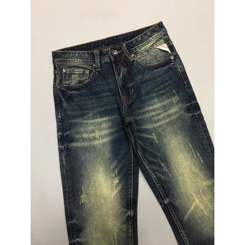 

Heavy duty retro jeans for men, slim fit straight tube, scraped and trendy design, street cool vintage denim pants