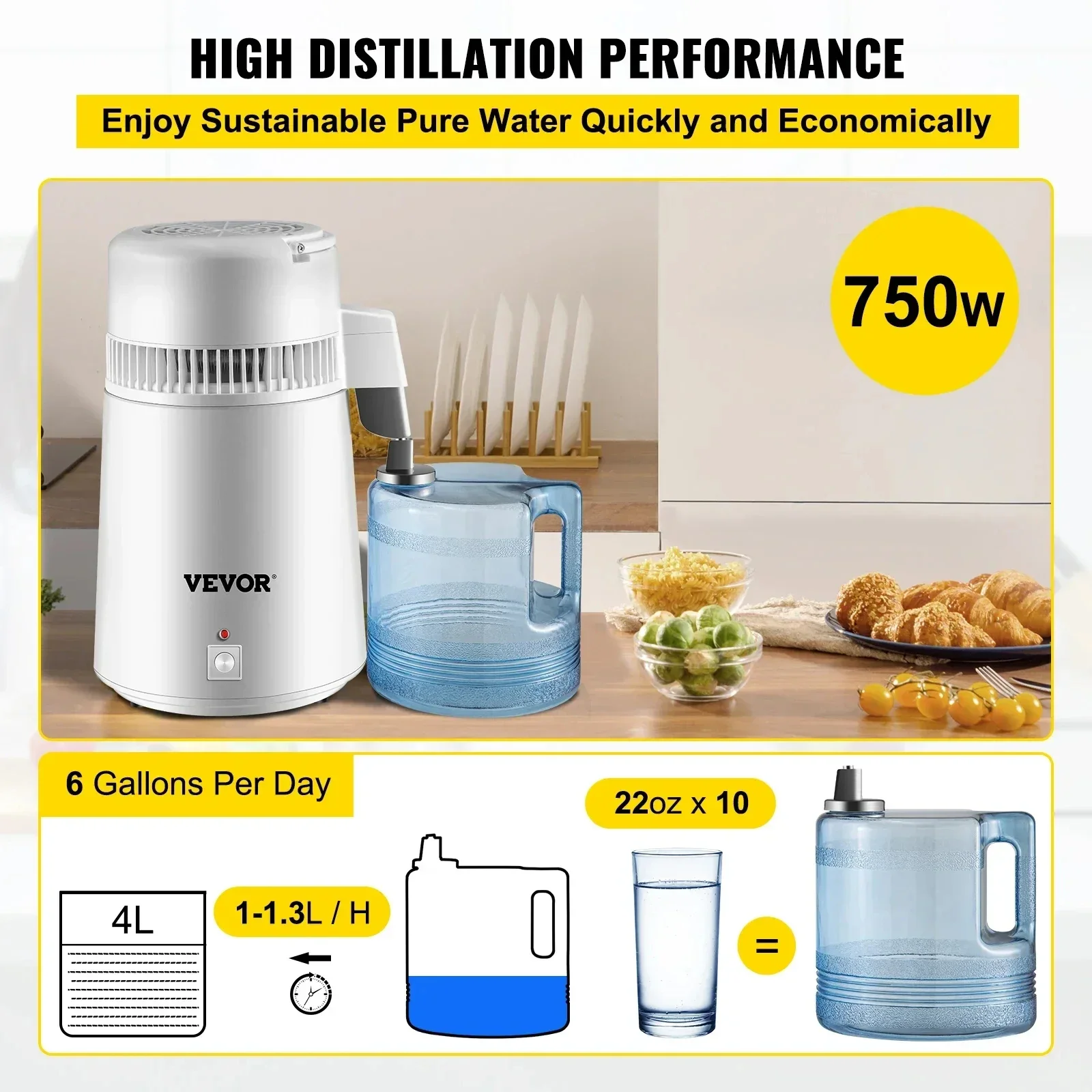 VEVOR-Destilador de Água de Aço Inoxidável, Filtro Purificador, Distribuidor, Aquecimento, Garrafa Bebida, Amaciante, Eletrodomésticos, Escritório, 304, 4L