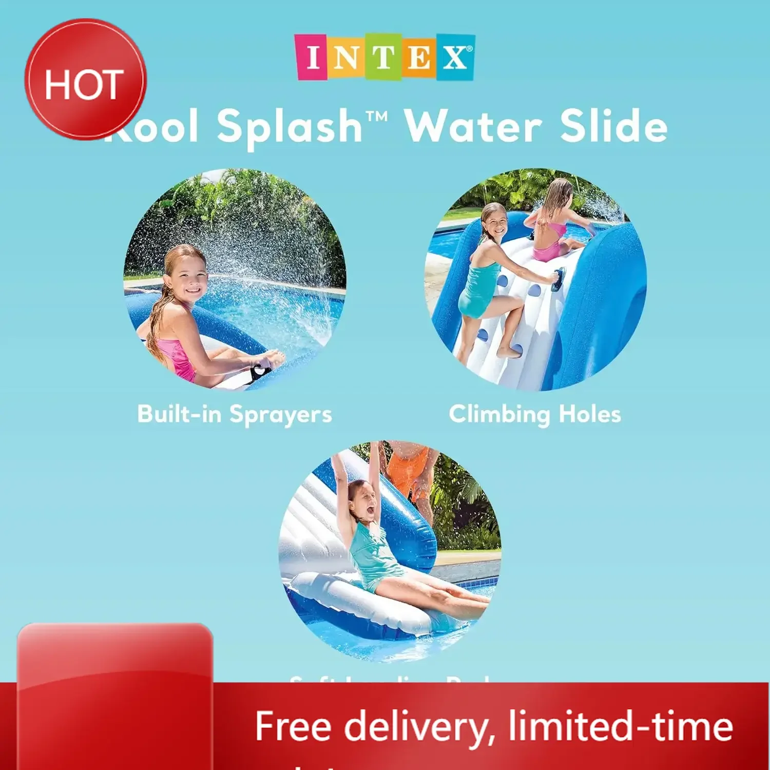 

Надувная водная горка Kool Splash с бассейном и встроенными распылителями для детей и взрослых (от 6 лет), синяя