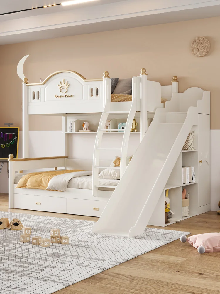 Cream style children's bed, solid wood high and low bed, boys and girls up and down bed, double layer bed, small unit multi-func