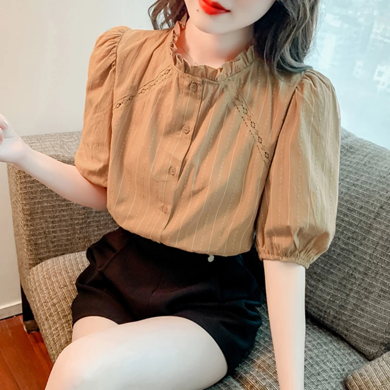 

Новая летняя свободная тонкая кружевная блузка для женщин с воротником-стойкой, полосатым узором и рукавами-фонариками, модный топ с защитой от солнца
