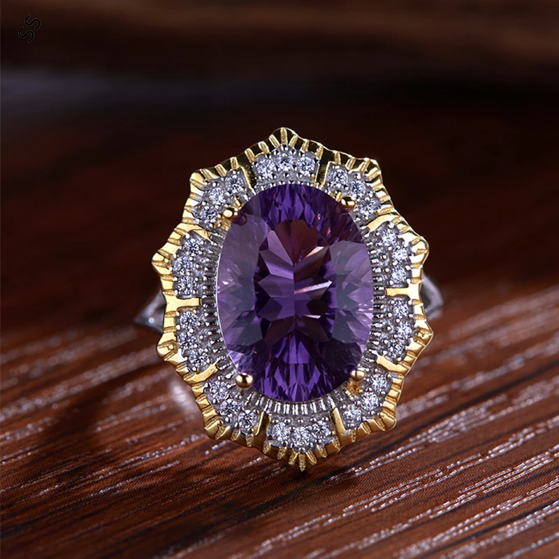 S925 Pure Silver Inlaid Natural Color Treasure Amethyst Ring Female Personality High-grade Hand Accessory Jewel Cross-bord