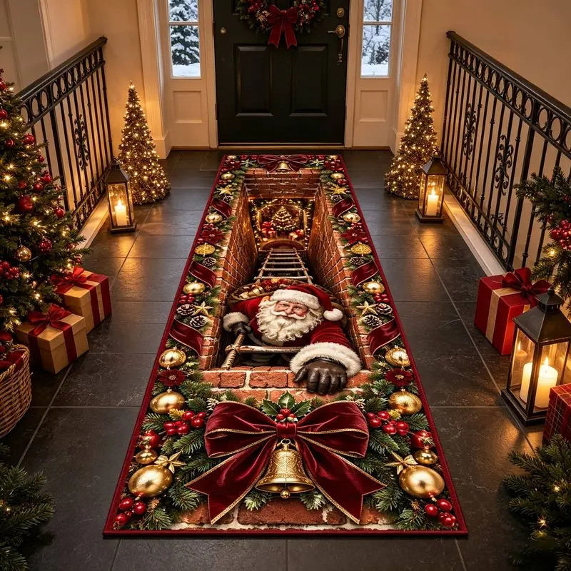 VIKAMA Christmas Santa Claus Hallway Runner Rug 3D Chimney Non Slip Washable Long Corridor Entry Mat Xmas Festive Holiday Decor