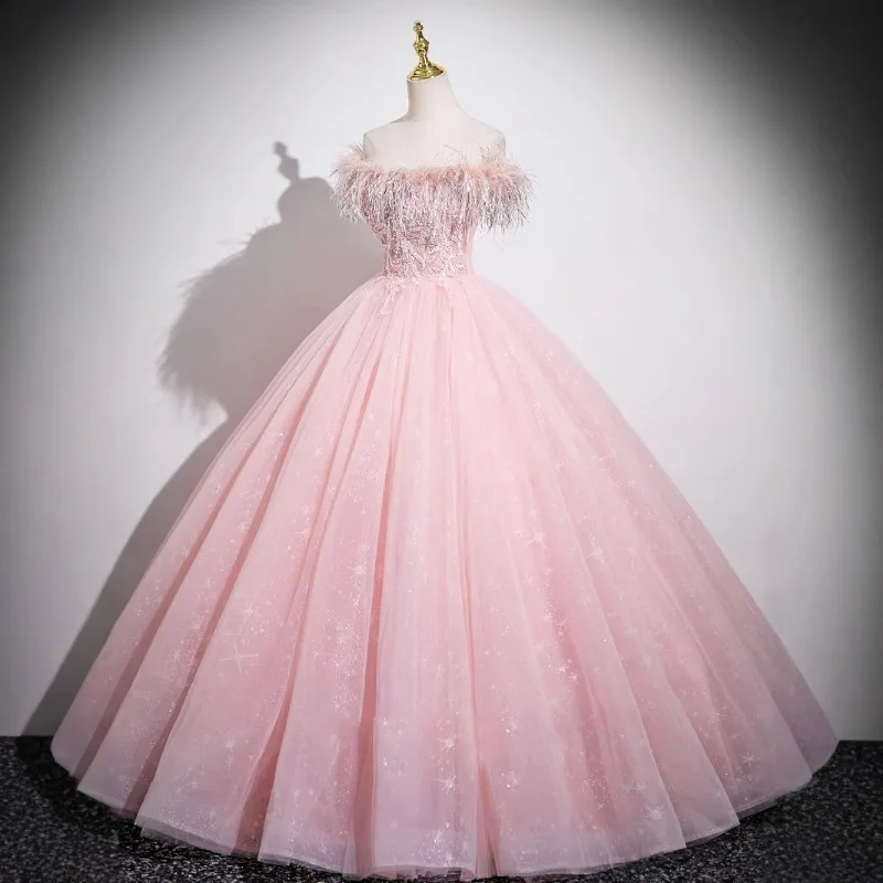 

Pink Adult Ceremony Birthday Evening Dress, Women's One-shoulder Backless Style High-end Art Exam Hostess Dress with Large Skirt