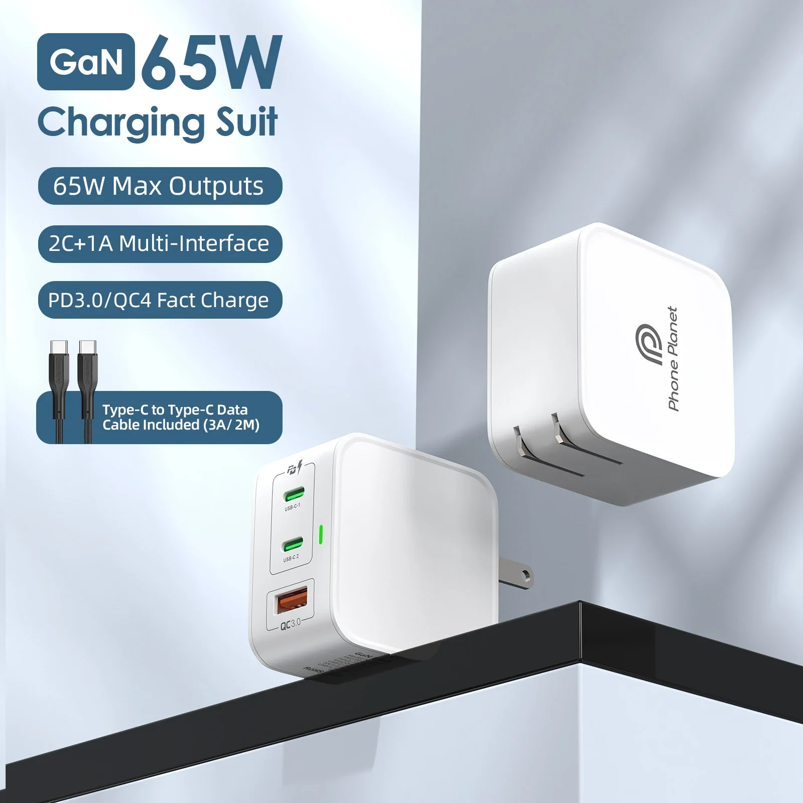 

Original 65W GaN2 Fast Charger 3 Ports Type-C Quick Charge For IPhone17 Samsung Ipad MacBook Foldable plug Office And Travel