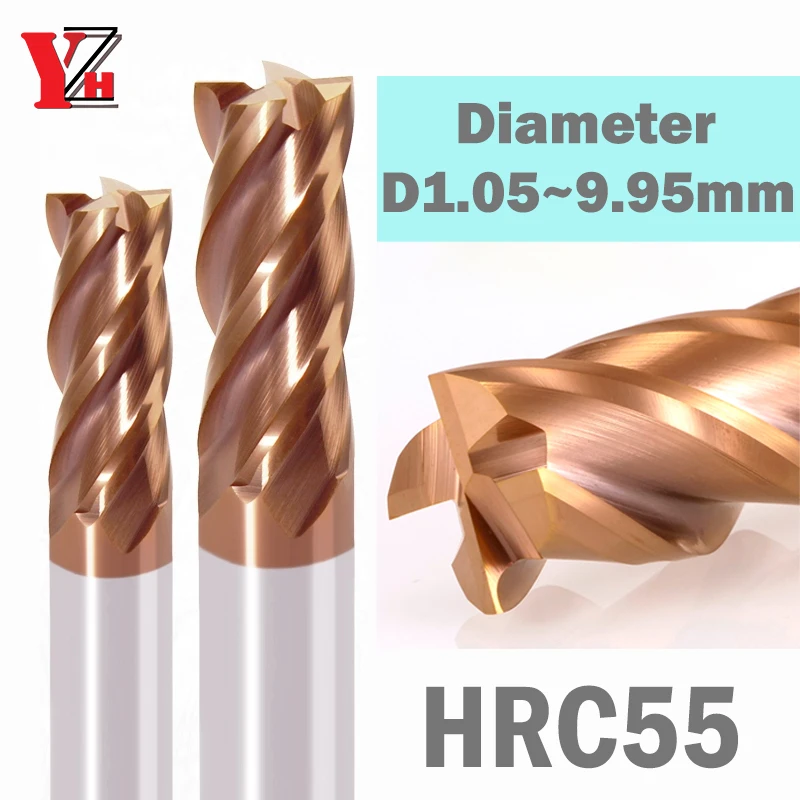 

YZH HRC55 End Mill Diameter 1.05mm~9.95mm 4 Flutes Machine Cutter Tool CNC Coating Metal Face Square Bit