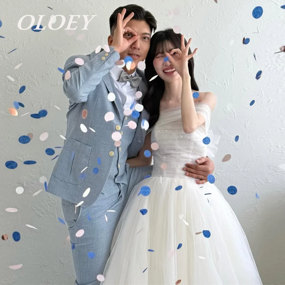 

OLOEY Fairy Strapless A Line Wedding Dresses Pleats Tulle Beads Bridal Gown with Bolero Korea Photoshoot Floor Length Customized