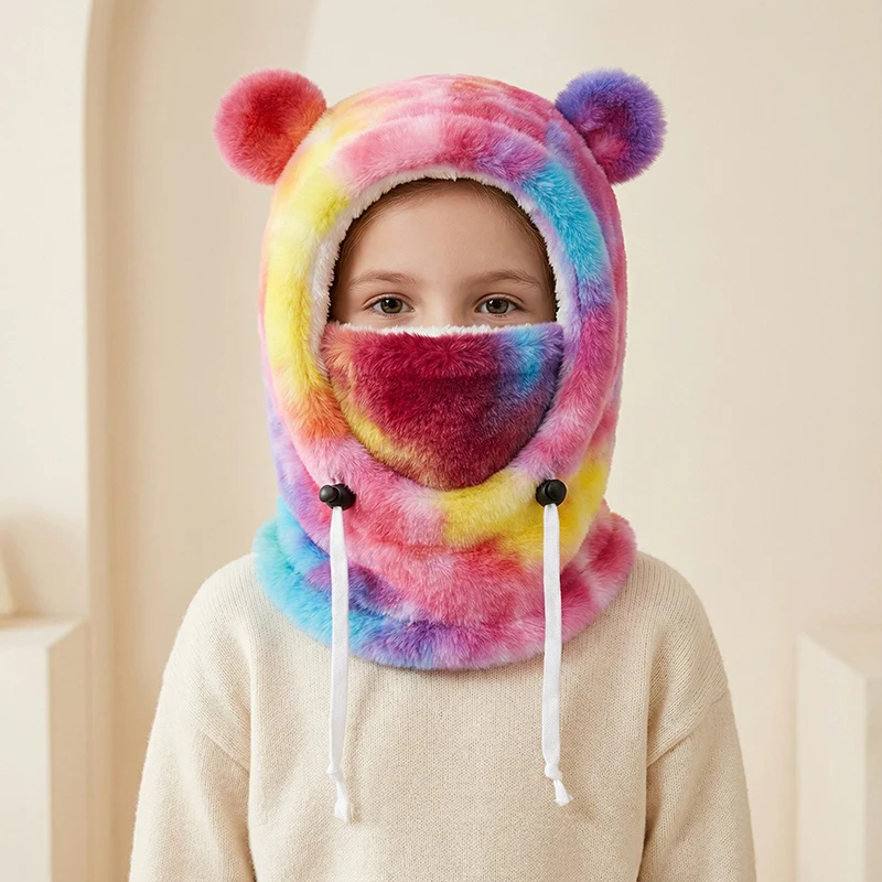 3-10Y hats for boys and girls, autumn and winter warm, cute ear design, cold-resistant, colorful hats with integrated scarf, fac