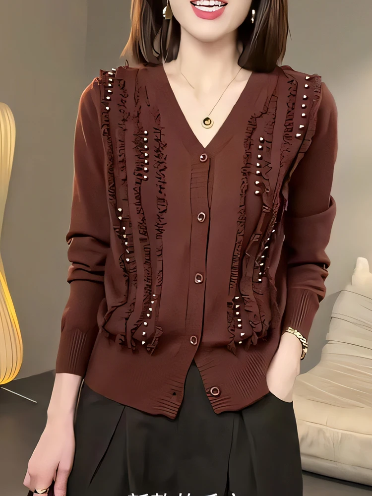 

Women's V-Ne Long Sve Knitted Open Cardigan Loose Fit Slimming Sweater Outerwear Autumn New Sle Pearl Bead Embellied