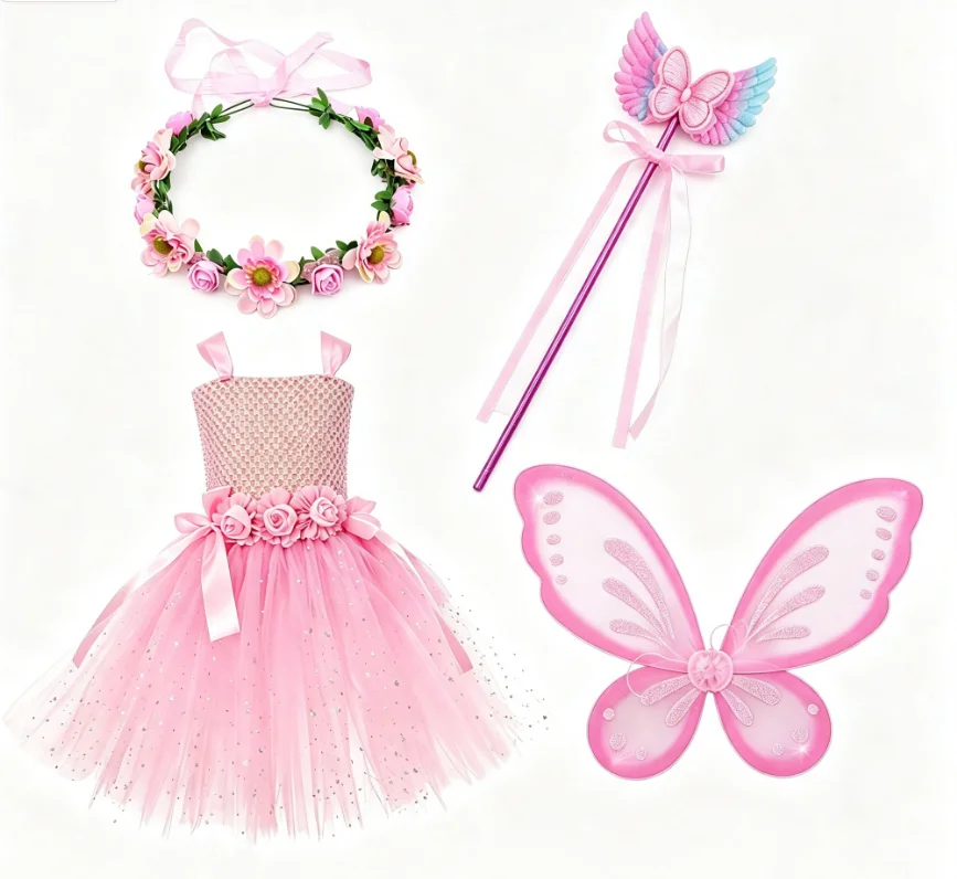 Girl Pink Fluffy Sparkly Gorgeous Fairy-like Princess Tutu Dress With Flower Decoration Accessories Set For Halloween Party Wear