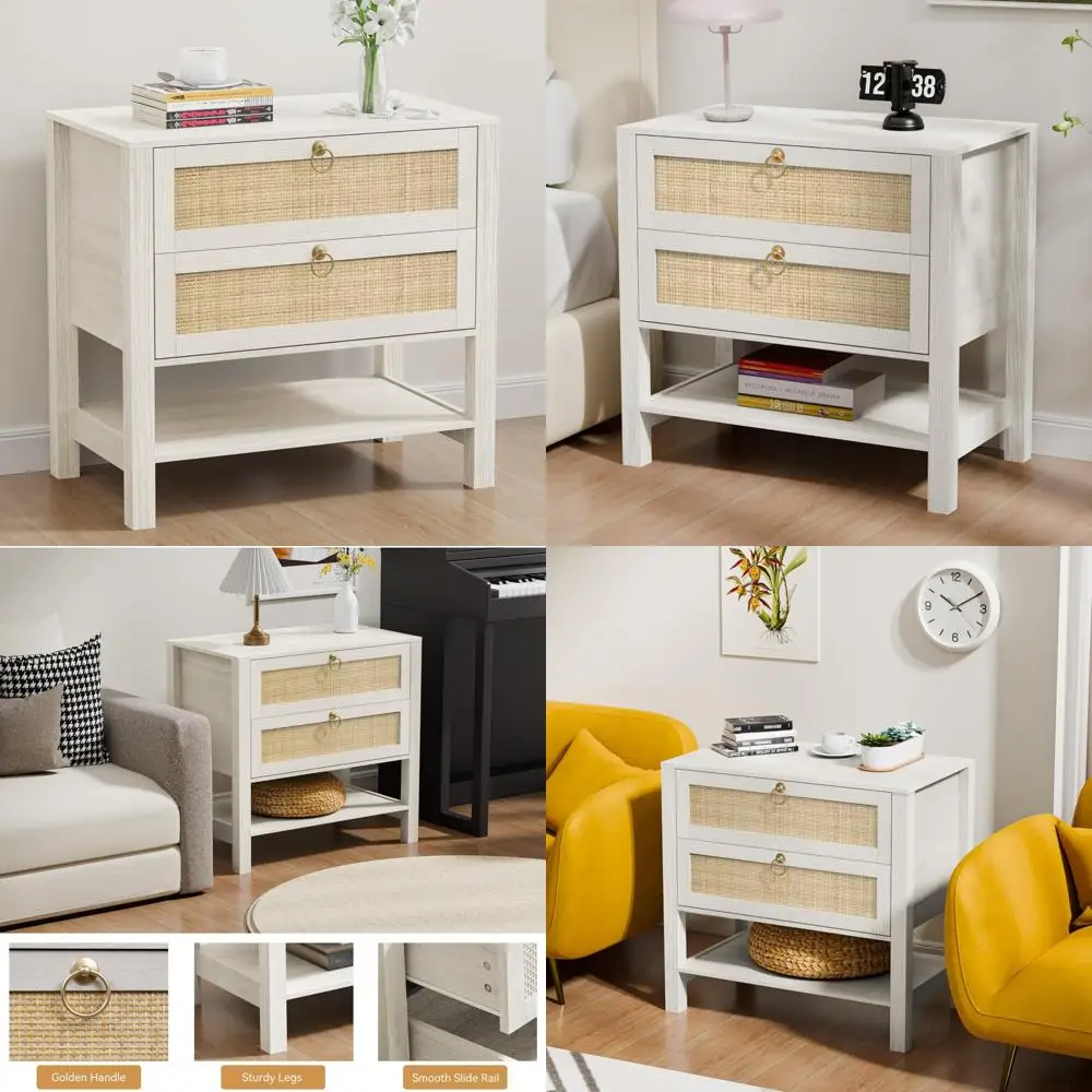 coastal boho style rattan nightstand - 2 drawers, storage shelf, 26