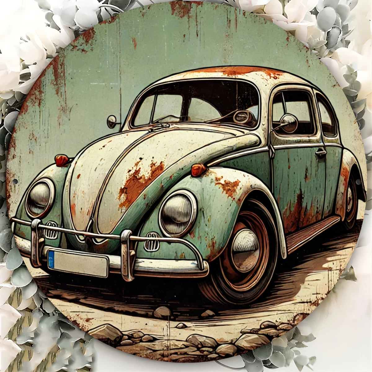 2D Flat Vintage Rusted Beetle Round Metal Sign Perfect for Room Wall Restaurant Bar Cafe Garage Decor Ideal for Christmas New Ye